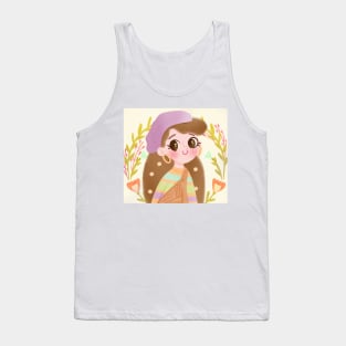 Cute Kawaii Girl in Headscarf and Overalls - Floral Pastel Art Tank Top